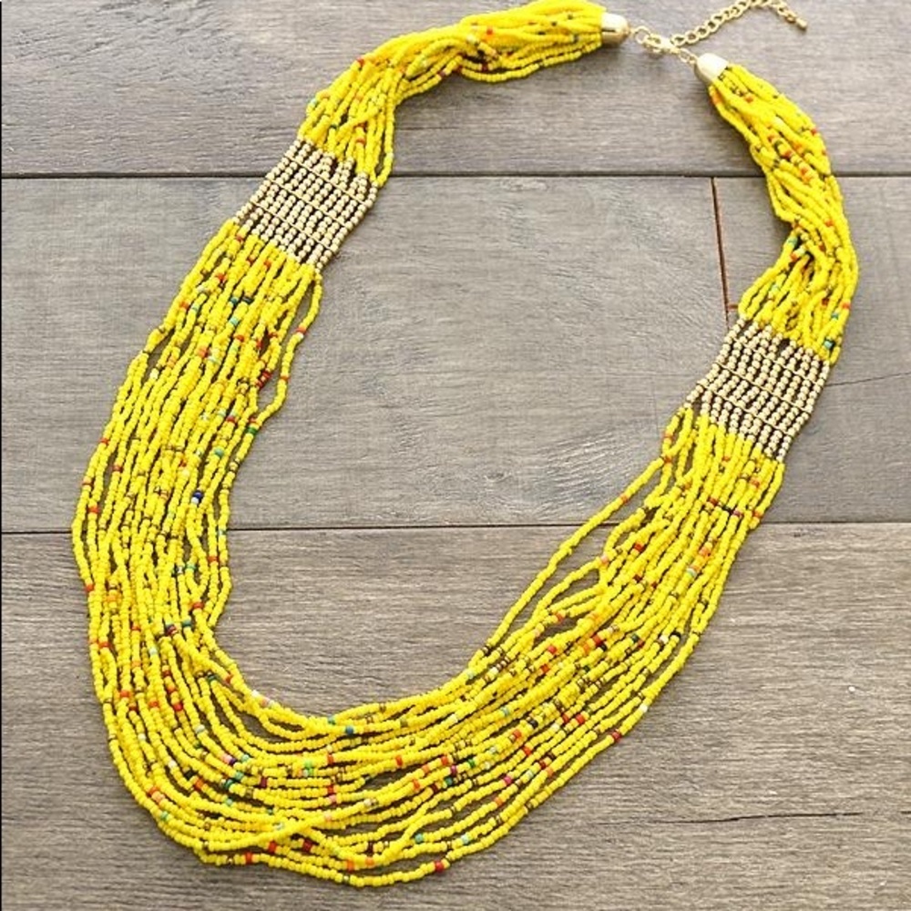 Seed bead yellow multicolored layered necklace
